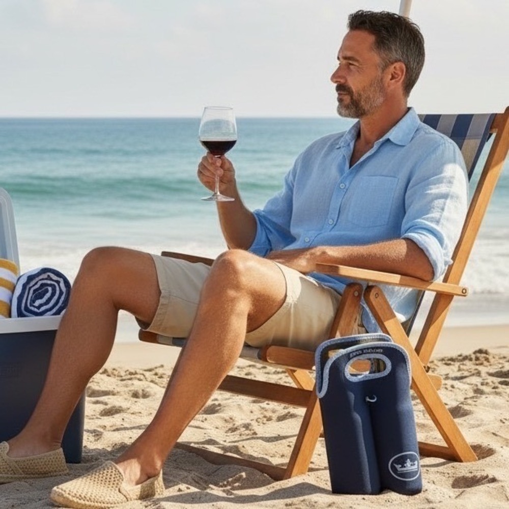 Peter Millar Navy Blue Neoprene 2 Bottle Wine Tote Carrier Insulated Crown Logo